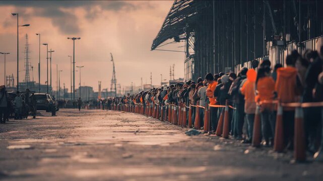 A long queue of people waits patiently in an industrial setting under an overcast sky.