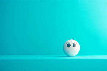 Minimalist 3D rendered white character with large eyes on a vibrant turquoise background, creating a whimsical and playful digital illustration with a sense of curiosity.