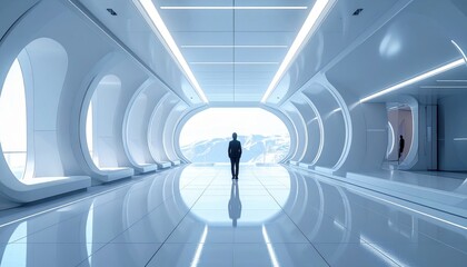 Man Standing in Futuristic White Corridor with Panoramic Window and Mountain View with Blue Lighting