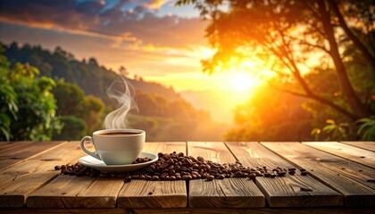 Steaming Coffee Cup on Wooden Table with Coffee Beans and Blurred Background of Sunset Over Trees