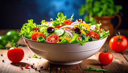 Fresh Colorful Salad with Vegetables in White Bowl on Rustic Wooden Table with Dark Background and Plants in Pot Overhead View
