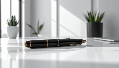 Close Up Black Pen On A Glossy White Desk With Office Plants And Window Light
