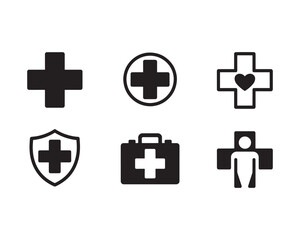 Obraz premium A collection of six black medical and healthcare icons, including a first aid kit, shield, and heart symbol.
