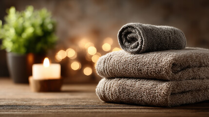 Neatly stacked soft gray towels sit on a weathered wood surface complemented by a flicke candle and small green plant providing a relaxing spa atmosphere.