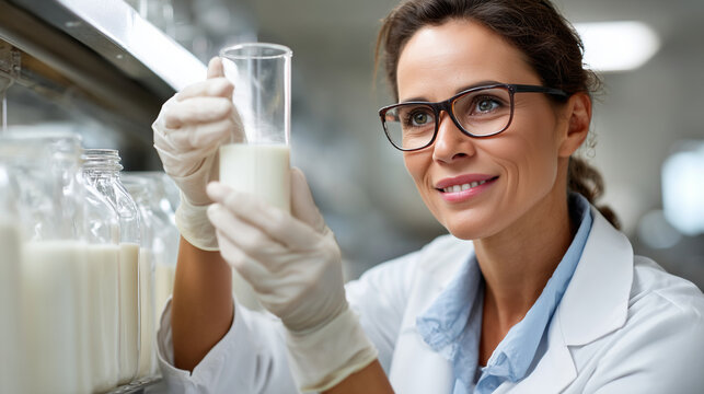Scientist in gloves analyzing dairy product in glass beaker