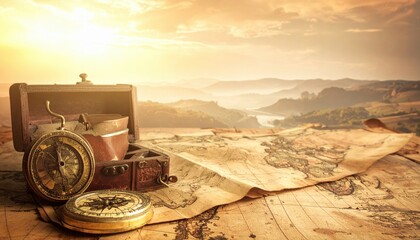 Vintage Treasure Chest with Compass on Old Map against Mountain Landscape at Golden Hour