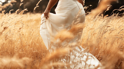 Close-up of chicken hen wandering through golden wheat field during harvest season. Natural farming scene with free-range poultry foraging among ripe cereal crops in warm sunlight.