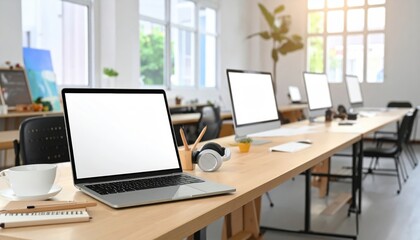 Modern Office Workspace with Laptop Computer and Monitor Displays Wooden Desk Environment Natural Lighting