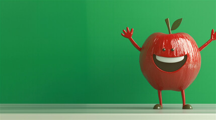 Creative food art concept with anthropomorphic red apple character with arms and legs on bright green background. Funny fruit with human-like features and smiling face with copy space.