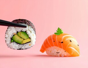Avocado and Salmon Sushi on Pink Background