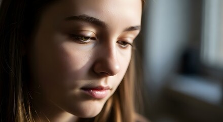 Close-up of a young woman with long hair, looking down thoughtfully in soft natural light, with a calm and introspective expression.
