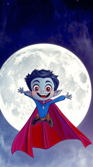 Playful cartoon character with vampire-inspired design, dramatically posing against a full moon, bringing a whimsical and imaginative approach to supernatural storytelling.