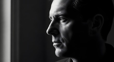 Black and white portrait of a man in profile, gazing thoughtfully out of a window, with dramatic lighting emphasizing his strong facial features.