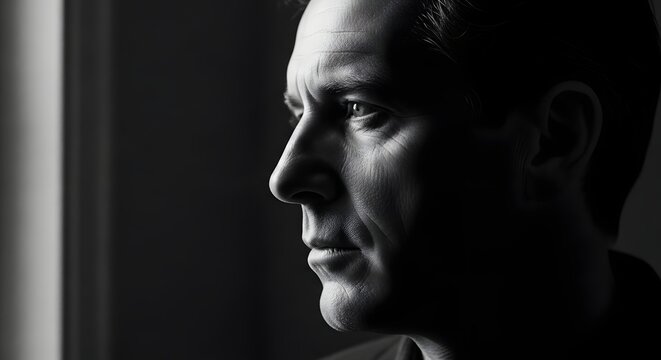 Black and white portrait of a man in profile, gazing thoughtfully out of a window, with dramatic lighting emphasizing his strong facial features.