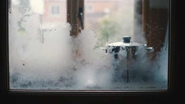 A heavily condensed window pane, blurring the view of a steaming pot inside.