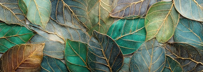 Detailed close-up of many layered leaves in various shades of teal, teal-green, gold, and brown.  Veins are highlighted in gold