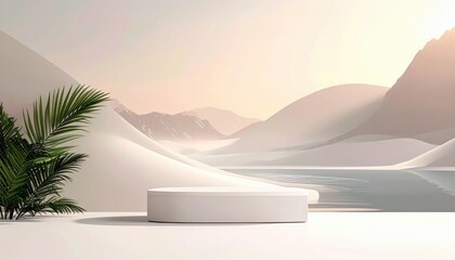 White Minimalist Product Display Platform Amidst Serene Mountain Landscape