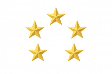 Five gold rating stars for customer product review or service quality experience on transparent background