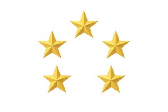 Five gold rating stars for customer product review or service quality experience on transparent background