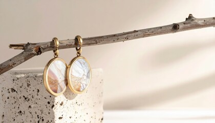 Oval Gold Earrings with Beige Agate on Beige Terrazzo and Branch