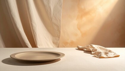 Beige Plate and Linen Cloth on a Table with Warm Lighting