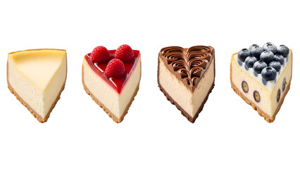 Slice of Cheese Cake on plate top view with transparent background, Delicious cheesecake cut out. Based on Generative AI, different cheesecakes slice collection