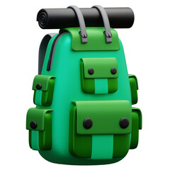A green outdoor backpack with a rolled sleeping bag on top in 3D illustration. Perfect for camping, hiking, and travel-themed projects