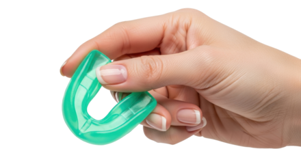 Isolated sports mouth guard dental protection held by hand, clear material teeth safety