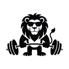 Muscular lion wearing sunglasses lifts heavy barbell for fitness and strength training motivation silhouette