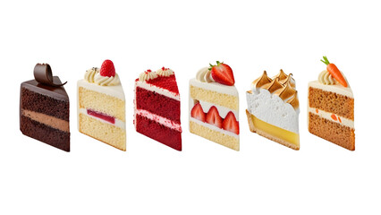 Slice of Cake on plate top view with transparent background, Slice different Cake pieces, close up of cake slices isolated on white background, collection of cake slices