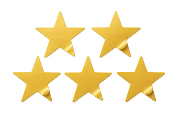 Fototapeta premium Five gold stars peeling off as stickers, showing top rating, quality, and excellent feedback on transparent background