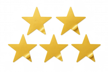 Five gold stars peeling off as stickers, showing top rating, quality, and excellent feedback on transparent background