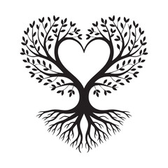 Obraz premium Heart shaped tree with roots and leaves Keywords: tree, heart, love, roots, branches, leaves
