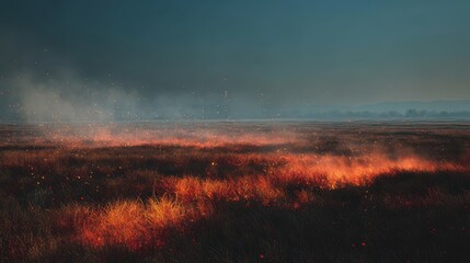 Fiery Landscape - Intense Wildfire Under Ominous Smoky Sky at Dusk.