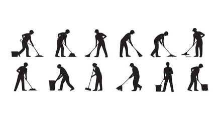 Naklejka premium Janitor Cleaning with Mop and Broom Silhouettes cleaner