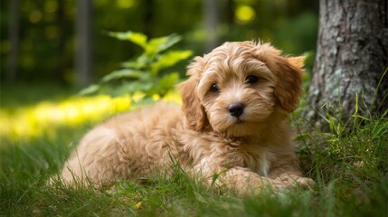 Fototapeta premium Adorable brown cavoodle puppy sits calmly on soft grass under a sunlit tree in a peaceful forest setting