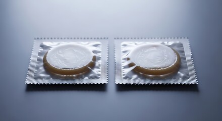 Two Condoms Packaged Individually on a Dark Surface.