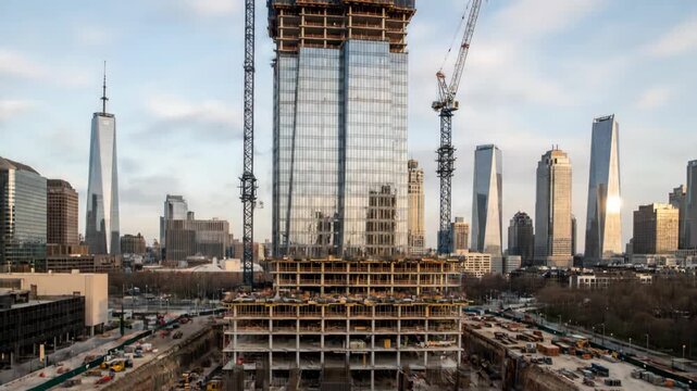 Constructing High Rise Building in Urban Setting at Construction Site