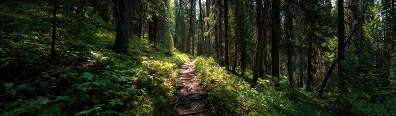 Obraz premium Sun-dappled forest path winding through lush greenery