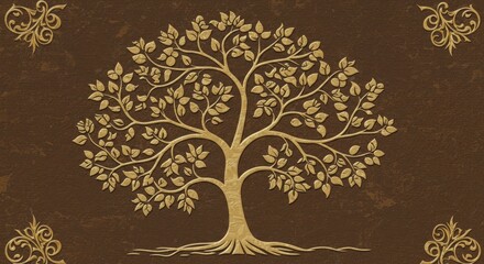 tree of life with golden leaves — elegant decorative illustration on brown textured background