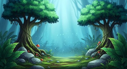 Enchanted forest illustration with dreamy light and magical atmosphere trees