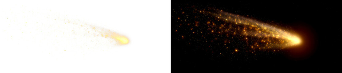 Fototapeta premium Bright Comet with Sparkling Tail in Dark Outer Space Display on Transparent and Black Background, png