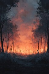 Forest Fires Fiery Glow - Silhouetted Trees Frame a Blazing Horizon, Painting the Sky with Intense Orange and Smoke.