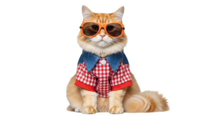 Isolated ginger cat wearing stylish sunglasses and a checkered shirt sits, no background