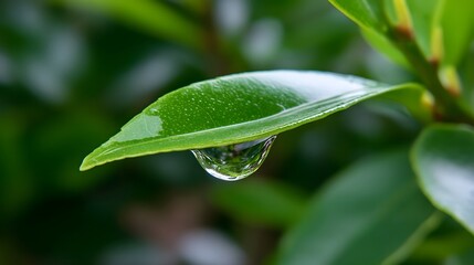 Close-up of a vibrant green leaf with a single dew droplet resting delicately on the surface, reflecting the surrounding environment.