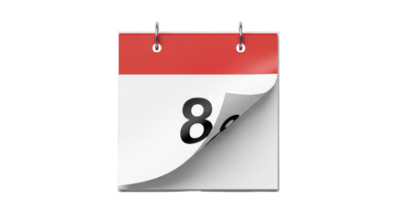Isolated tear-off calendar with number 8, indication of event date, notification reminder