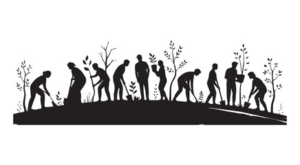 Silhouette of people planting trees and gardening vector