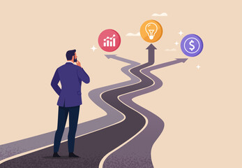 Business Choice Concept. Vector cartoon illustration of a businessman standing at a crossroads with paths leading to growth, innovation, and finance, symbolizing strategic decision-making.