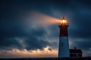 Cape Cod Lighthouse. Warning Beacon in the Foggy Ocean, Symbol of Prevention