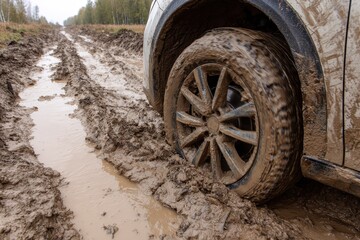 Obraz premium Car Stuck In Mud. Wheel of Vehicle Trapped in Muddy Rural Dirt Road Adventure
